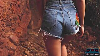 gloria sol, a perfect natural milf, performs an outdoor striptease in the mountains, ripping her clothes