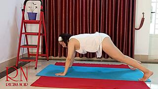 Regina Noir is doing nude yoga in the gym, wearing white panties, part 2.