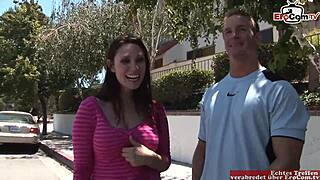 Curvy brunette teen picks up for cum in mouth outdoor