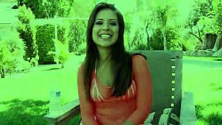 Babe in fishnets talks dirty during outdoor casting