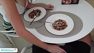 Busty step sister, dare to cum on her cereal and watch her eat?