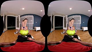 In Naughty America VR, a petite tattooed American with blue eyes performs handjob and gets fucked in the gym.