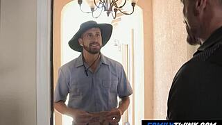gay stepdad and son allure the handsome delivery guy for rough anal