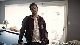 Brunette girl fucks football player.