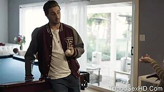 Brunette girl fucks football player.