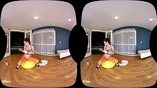 In Naughty America VR, a petite tattooed American with blue eyes performs handjob and gets fucked in the gym.