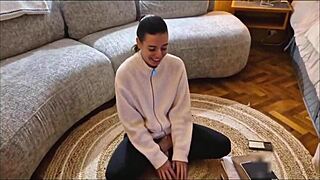 Brunette swallows cum after blowjob. 😋