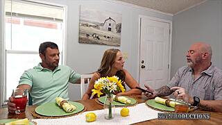 Horny big ass milf stepmom cheats on stepmothers day, licking and getting bred by monster cock while father in law and uncle watch the full trailer.