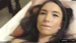 pov of brunette undressing in bikini, showing tight ass and big tits