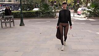 milf flashes seamless pantyhose in public without skirt, see through leggings teasing outdoors