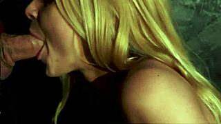 Sexy blonde sarah swallows a big cock in a glory hole