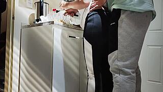 In the kitchen, my boyfriend surprises me with a cucumber instead of food for lunch.