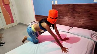 brunette stepsister celebrates halloween in hotel bed masked shaking hips