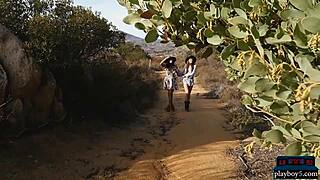 Two gorgeous lesbian babes outdoor undress and play