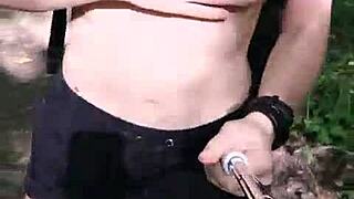 girl with small tits walks in nature wearing short shorts and t-shirt, anna mole