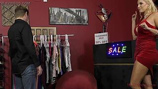 Hot blonde mistress Vanessa Cage dominates customer in the store with ass worship
