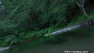 Fucking busty stranger doggystyle by the river in nature