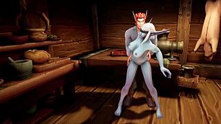 in warcraft porn parody, elf fucks night elf with blindfold in kitchen, tight pussy and anal.