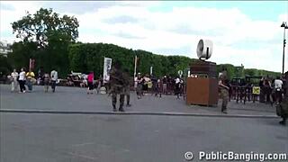 pretty french girls have extreme public threesome pussy sex by eiffel tower in paris.
