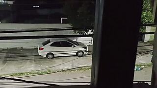 She meets her lover in the car in front of the house and returns smiling