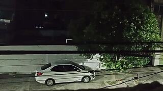 She meets her lover in the car in front of the house and returns smiling