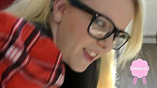 cute blond girl fucked in uniform big cumshot on her glasses