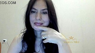 Brunette milf Angela-Milf jerks shaved pussy for young guys, dripping wet!