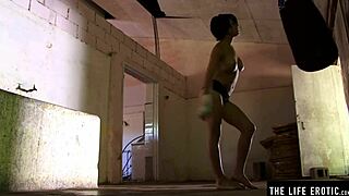 Athletic Brunette Masturbates Hard in Boxing Gym Break