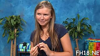 This hot eighteen-year-old girl got oiled up for a rough massage. Her shaved pussy took hard fucking.