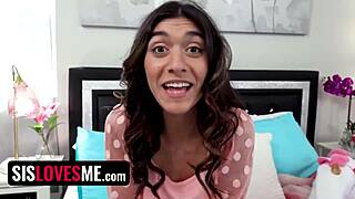 Stepsister on her knees, naked, lets stepbro play with her body in suggestive ways