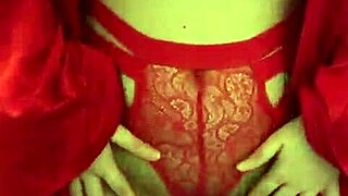 I watch this brunette in red lingerie play with her big tits, but I mean, she's so petite and sexy