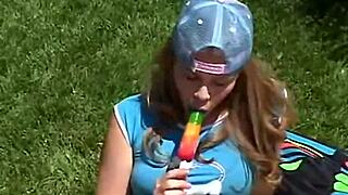 Teen rubs clit outdoors, sucks popsicle - Little April