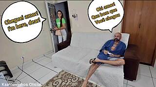 the wife is blindfolded while her husband's friend hides in the closet.