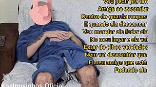 the wife is blindfolded while her husband's friend hides in the closet.