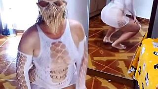 stripping off white bodysuit and black panties for solo play