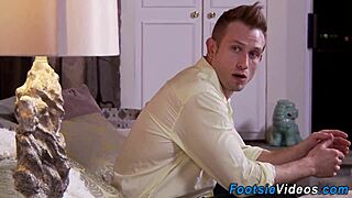 Asian babe in lingerie gives footjob, leading to cumshot on her feet