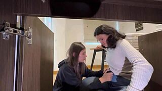 Maid bends over for fingering orgasm