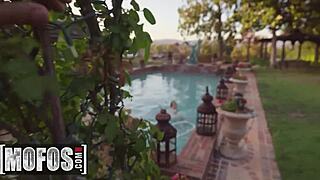 Stunning brunette karla kush rides a thick dick in pov at her outdoors pool, squirting wildly while mofos films