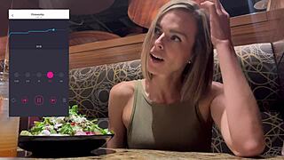 Public cumming in restaurant using lush remote-controlled vibrator for intense hentai vibes.