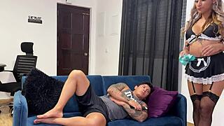 stepsister gives maid service to stepbrother's cock