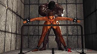 Hot ebony with many boobs in restrains is ready for intense anal sex 😈