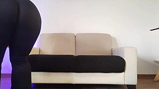 Curvy pawg amateur cleans apartment in tight leggings showcasing big ass