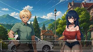 Horny girlfriend rips shirt in hentai game