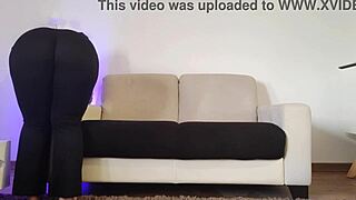 Curvy pawg amateur cleans apartment in tight leggings showcasing big ass