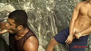 Tanned Twink Rimmed and Handjobbed by Two Big Black Cocks on Beach