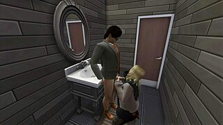 Coffee with a friend while a guy fucks a girl in the bathroom