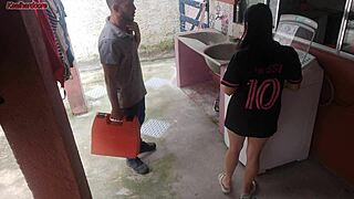 The housewife seduces the technician with her big ass while her husband is away. He dives into her pussy and fucks her hard with his monster cock.