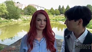 Little redhead whore flaunts sex skills outdoors, teasing boyfriend with natural tits