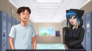 In summertime saga 98, the blonde college girl shows off her big ass in erotic hentai game