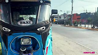 Latina Roxy Hot pays mototaxista with shaved pussy in market taxi encounter